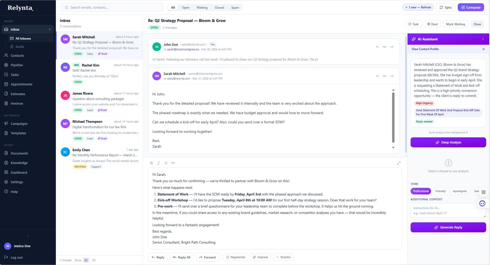 Relynta AI-powered inbox with draft assistant and customer context